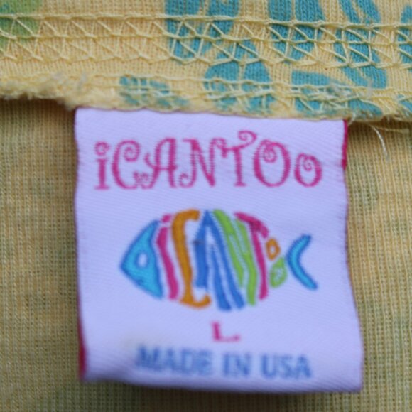 Icantoo Nantucket Yellow w Blue Green Floral Cotton Button Cardigan Sz LARGE - Picture 6 of 7